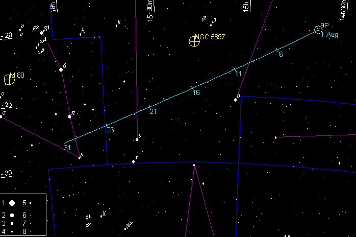 Путь кометы P/Tempel (9P) в августе 2005 года