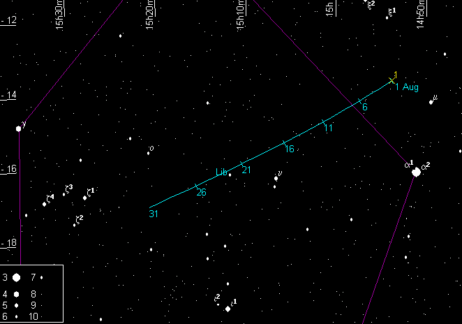 Путь астероида Церера (1) в августе 2005 года